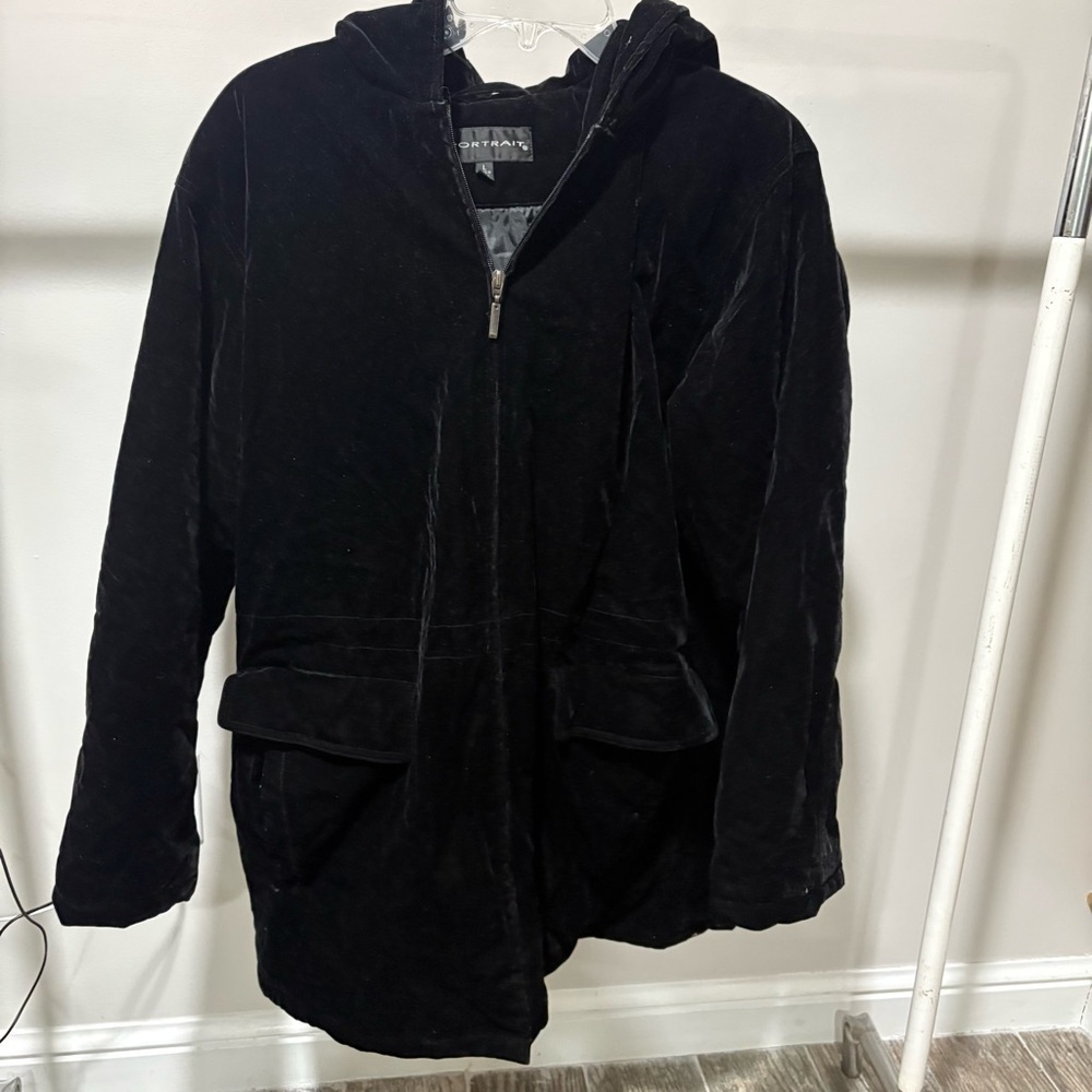 Vtg PORTRAIT Black Velvet Women’s Coat Hooded Sz‎ L Holiday 90s Classic Boho